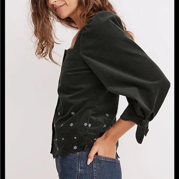 NWT Madewell Embroidered Eyelet Corduroy Tie-Sleeve Top - Picture 2 of 15